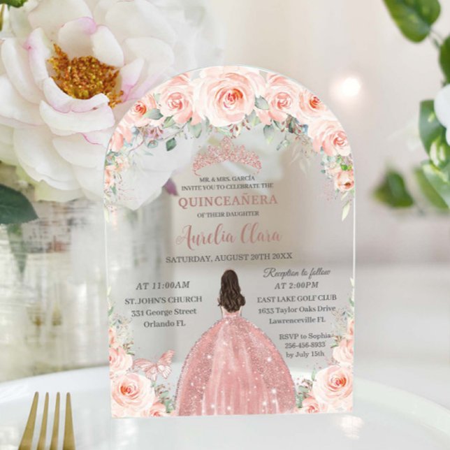 Invitations En Acrylique Quinceañera Blush rose Floral Rose Gold Princesse (Créateur téléchargé)