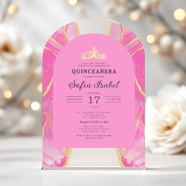 Invitations En Acrylique Quinceañera Blush Rose Or Agate Élégant (Créateur téléchargé)