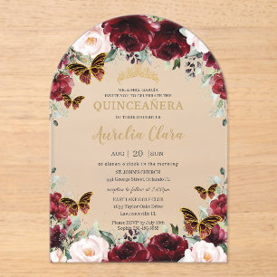 Invitations En Acrylique Quinceañera Bourgogne Floral Blush Papillons Dorés