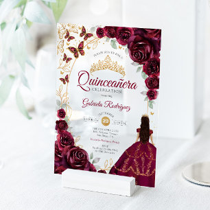 Invitations En Acrylique Quinceanera Bourgogne Or Floral
