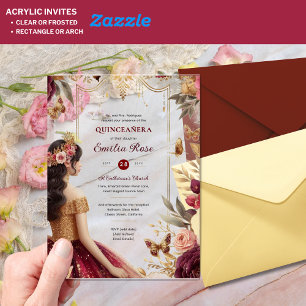 Invitations En Acrylique Quinceañera Bourgogne Rouge or coing Robe Fleurs