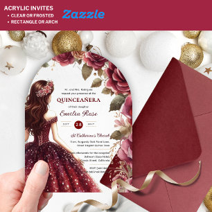 Invitations En Acrylique Quinceañera Bourgogne Rouge or coing Robe Fleurs