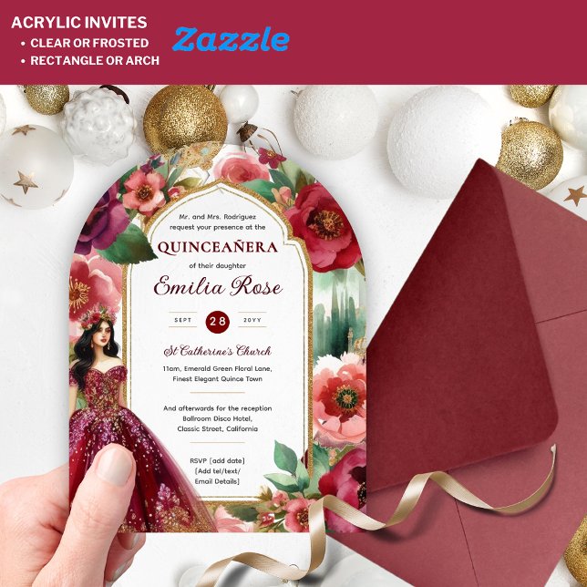 Invitations En Acrylique Quinceañera Bourgogne Rouge or coing Robe Fleurs (Créateur téléchargé)