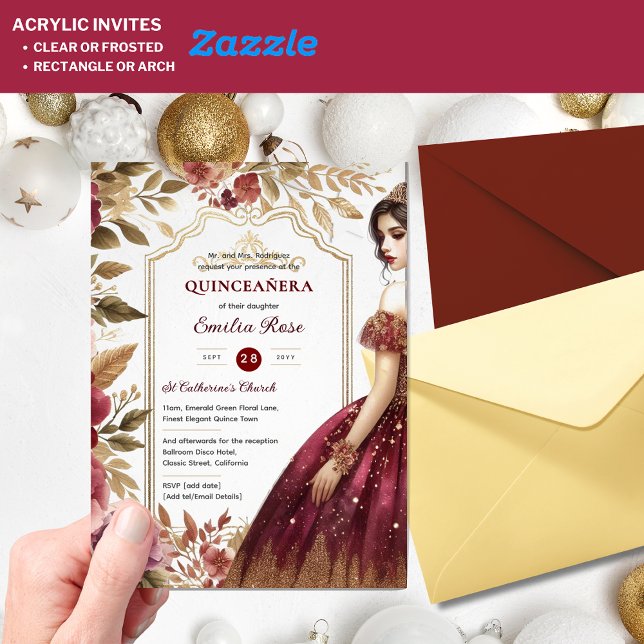 Invitations En Acrylique Quinceañera Bourgogne Rouge or coing Robe Fleurs (Créateur téléchargé)