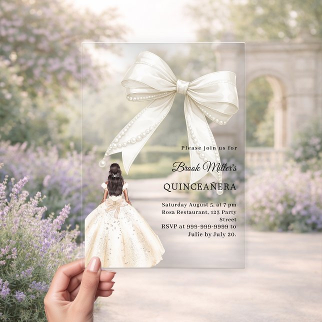 Invitations En Acrylique Quinceanera bow ivory dress cream clear luxury (Créateur téléchargé)