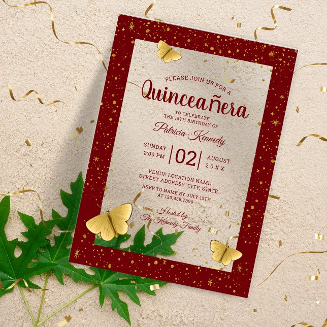 Invitations En Acrylique Quinceañera Burgundy&Gold Butterflies 15 Anniversa (Quinceañera Burgundy&Gold Butterflies 15 Birthday Acrylic Invitations
)