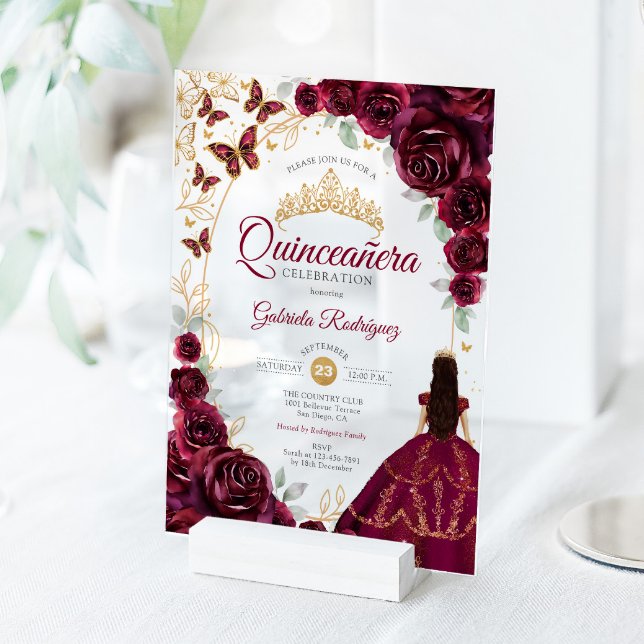 Invitations En Acrylique Quinceanera Burgundy Gold Floral (Créateur téléchargé)