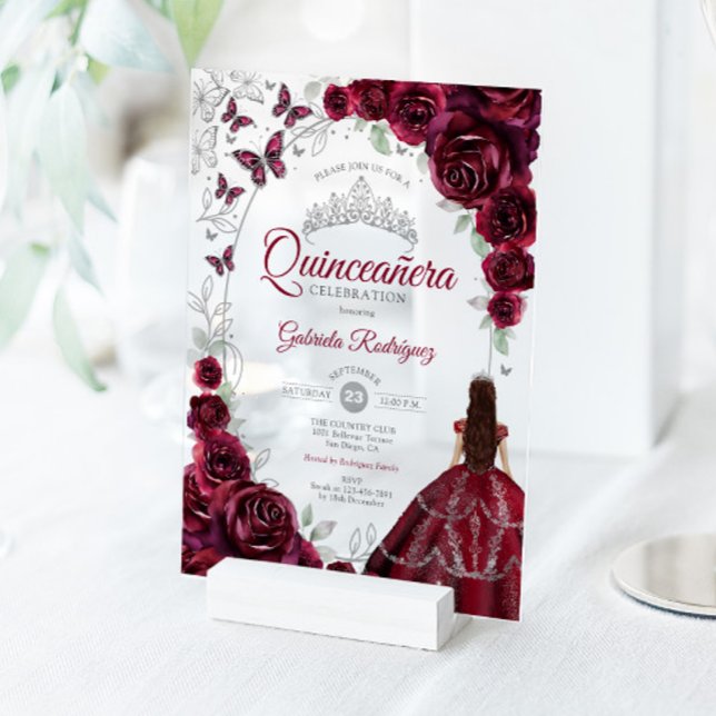 Invitations En Acrylique Quinceanera Burgundy Silver Floral (Créateur téléchargé)