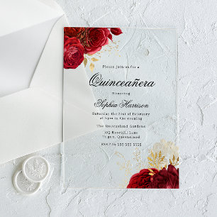 Invitations En Acrylique Quinceañera Classique Élégante Rose Rouge & Or