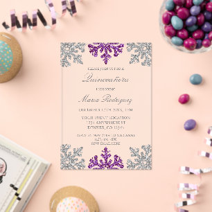 Invitations En Acrylique Quinceañera d'hiver flocon de neige violet argenté