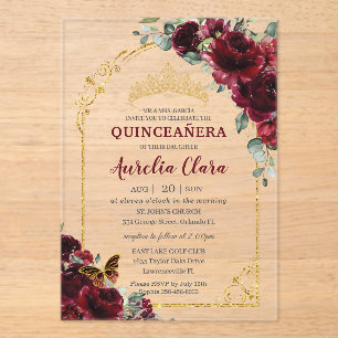 Invitations En Acrylique Quinceanera Douce 15 16 Bourgogne Floral Couronne 