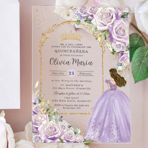 Invitations En Acrylique Quinceañera Douce 16 XV Fleur de Lilas Violet Or