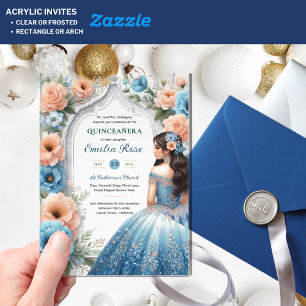 Invitations En Acrylique Quinceañera Dusty Bleu Pêche Fleurs Robe Argent