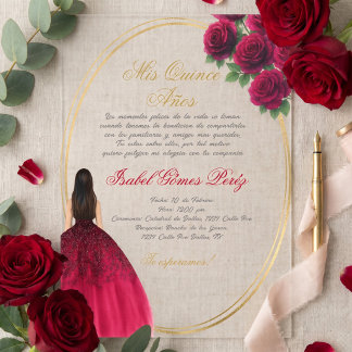 Invitations En Acrylique Quinceañera Élégante Bourgogne et Doré