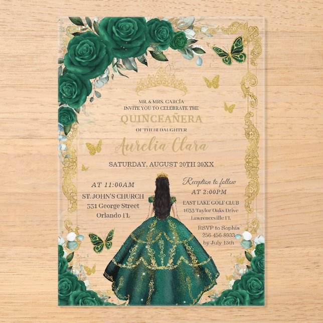 Invitations En Acrylique Quinceañera Emerald Green Floral Black Hair Gold (Recto)