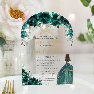 Invitations En Acrylique Quinceañera Emerald Green Floral Robe Or Arch