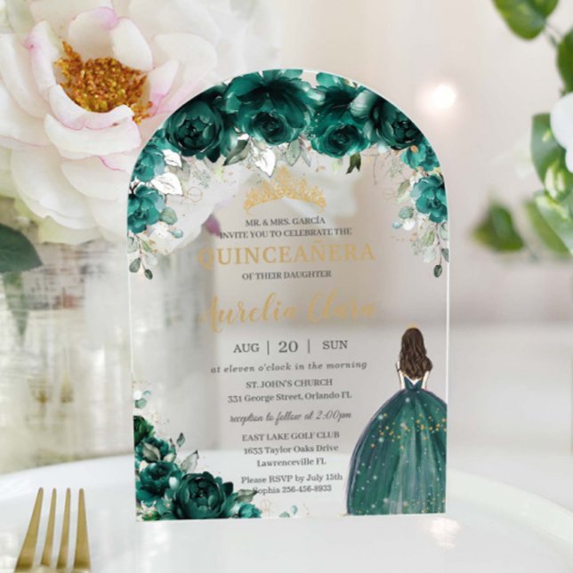 Invitations En Acrylique Quinceañera Emerald Green Floral Robe Or Arch (emerald-green-floral-flowers-princess-dress-gown-quinceanera-sweet-sixteen-birthday-acrylic-invite)