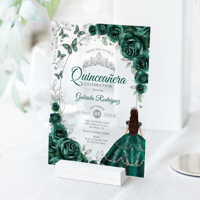 Invitations En Acrylique Quinceanera Emerald Green Silver Floral (Créateur téléchargé)