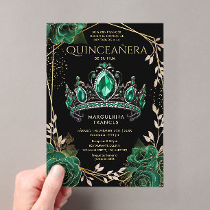 Invitations En Acrylique Quinceañera Emerald Green Tiara Black Espagnol