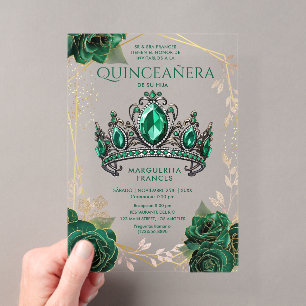 Invitations En Acrylique Quinceañera Emerald Green Tiara Floral Espagnol