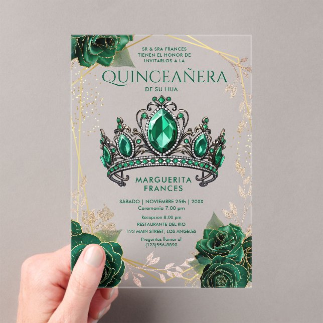 Invitations En Acrylique Quinceañera Emerald Green Tiara Floral Espagnol (In situ (ordinateur de poche))