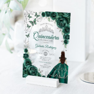 Invitations En Acrylique Quinceanera Émeraude Vert Argent Floral