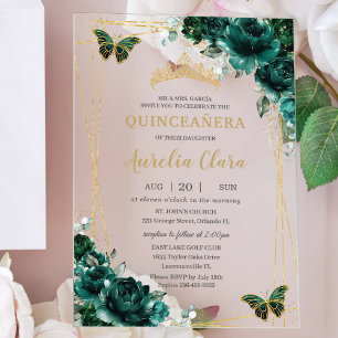 Invitations En Acrylique Quinceañera Émeraude Verte Florale Papillons Dorés