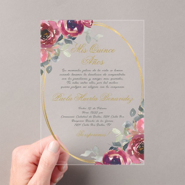 Invitations En Acrylique Quinceanera espagnole florale bordeaux (In situ (ordinateur de poche))