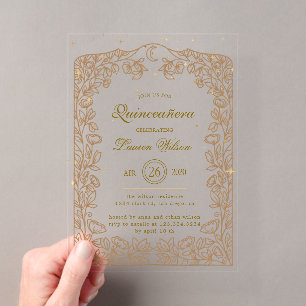 Invitations En Acrylique Quinceanera exclusif Or Céleste