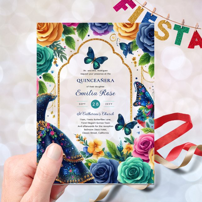 Invitations En Acrylique Quinceañera Fiesta Papillons Quince Roses (Créateur téléchargé)