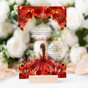 Invitations En Acrylique Quinceanera flamboyante rouge et or