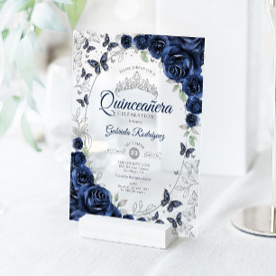 Invitations En Acrylique Quinceanera Fleurie Argent Navy
