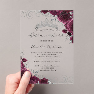 Invitations En Acrylique Quinceanera Fleurie en Acrylique Clair Argent Bour