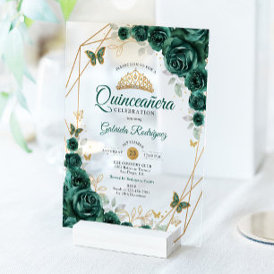 Invitations En Acrylique Quinceanera Fleurie Or et Vert Émeraude