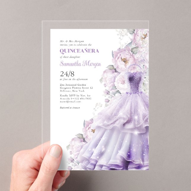 Invitations En Acrylique Quinceanera Fleurs violettes Robe de bal officiell (In situ (ordinateur de poche))