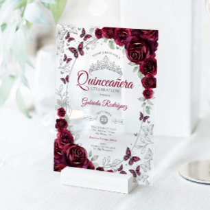 Invitations En Acrylique Quinceanera Floral Argent Bourgogne