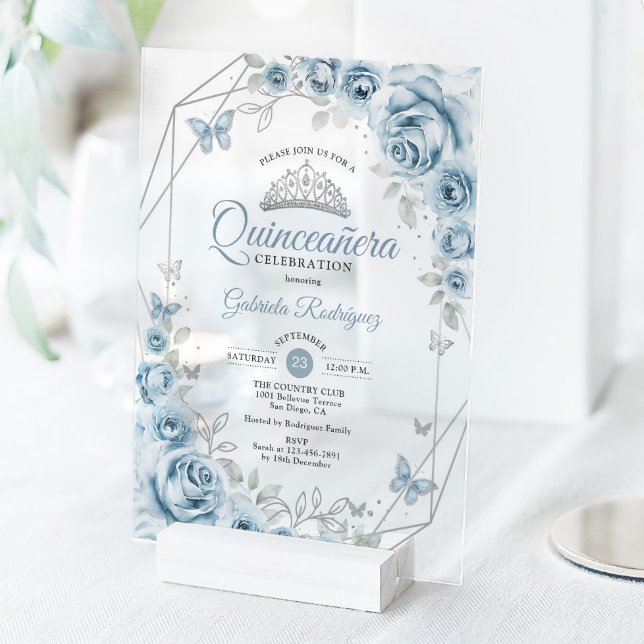 Invitations En Acrylique Quinceanera Floral Baby Blue Silver (Créateur téléchargé)