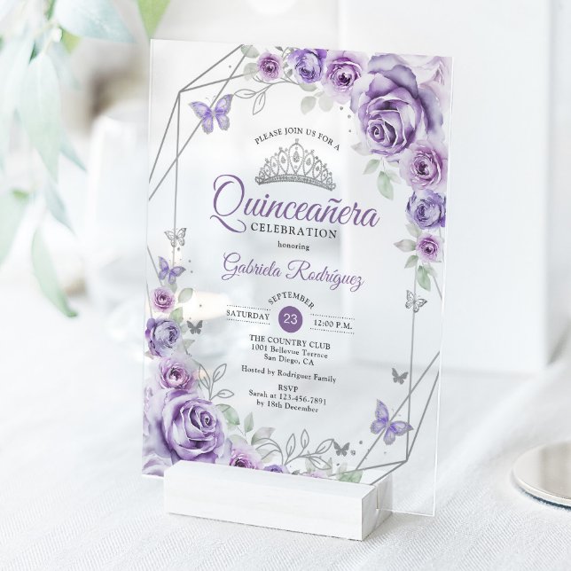 Invitations En Acrylique Quinceanera Floral Lilac Purple Silver (Créateur téléchargé)
