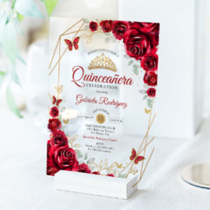 Invitations En Acrylique Quinceanera Floral Or Rouge