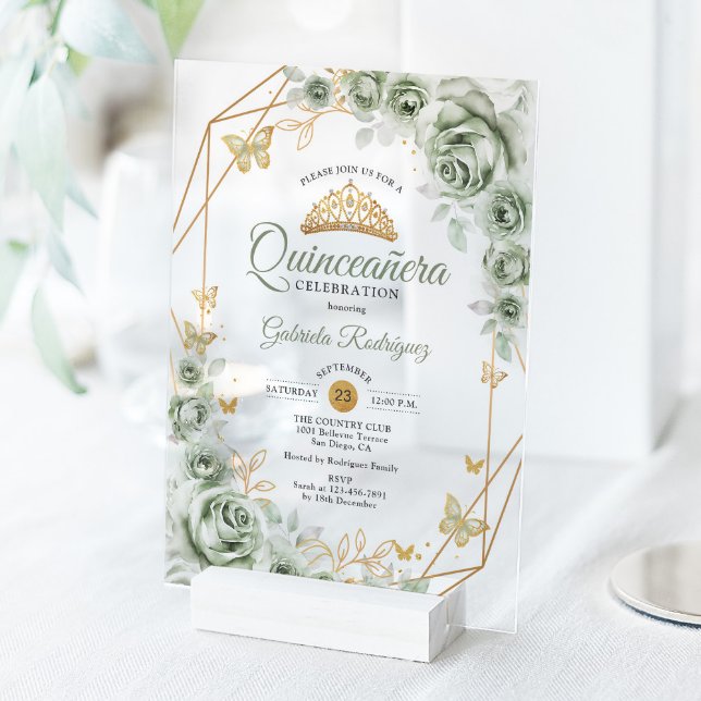 Invitations En Acrylique Quinceanera Floral Sage Green Gold (Créateur téléchargé)