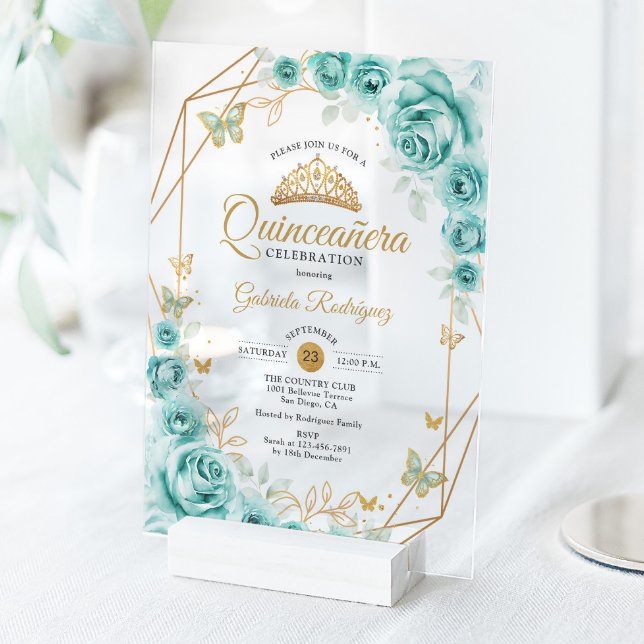 Invitations En Acrylique Quinceanera Floral Turquoise Gold (Créateur téléchargé)