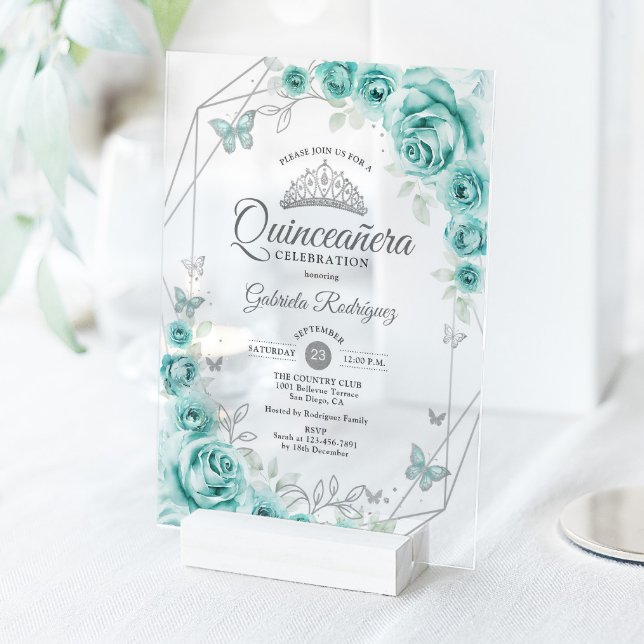 Invitations En Acrylique Quinceanera Floral Turquoise Silver (Créateur téléchargé)