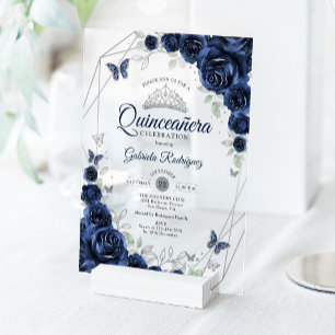 Invitations En Acrylique Quinceanera Florale Argent Navy