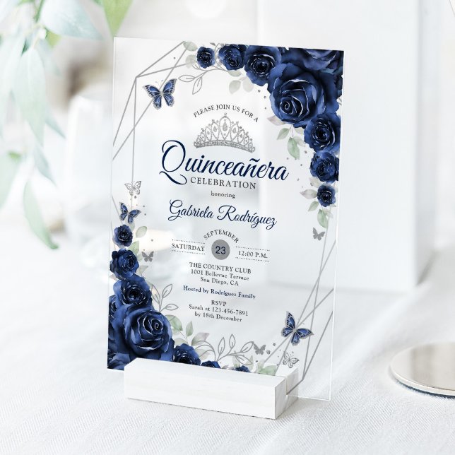 Invitations En Acrylique Quinceanera Florale Argent Navy (Créateur téléchargé)