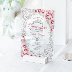 Invitations En Acrylique Quinceanera Florale Argent Rose