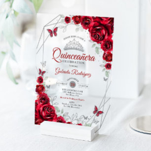 Invitations En Acrylique Quinceanera Florale Argent Rouge