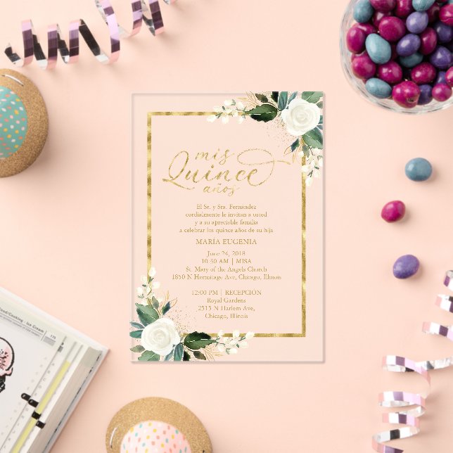 Invitations En Acrylique Quinceañera Florale Blanc Et Or (Insitu (Célébration))