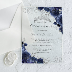Invitations En Acrylique Quinceanera Florale en Acrylique Clair Argent Navy