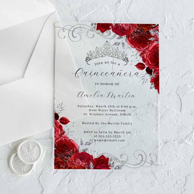 Invitations En Acrylique Quinceanera florale en argent rouge clair acryliqu (Créateur téléchargé)