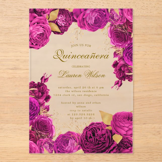 Invitations En Acrylique Quinceanera florale exclusive rose chaud (Recto)